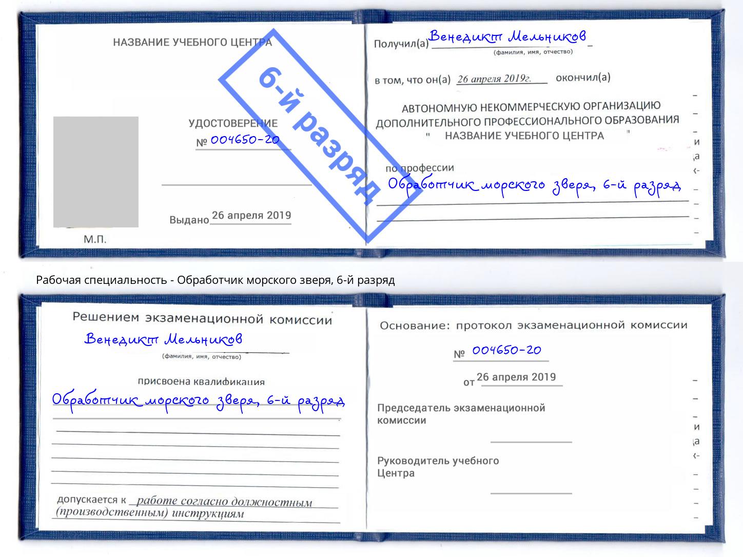 корочка 6-й разряд Обработчик морского зверя Славгород