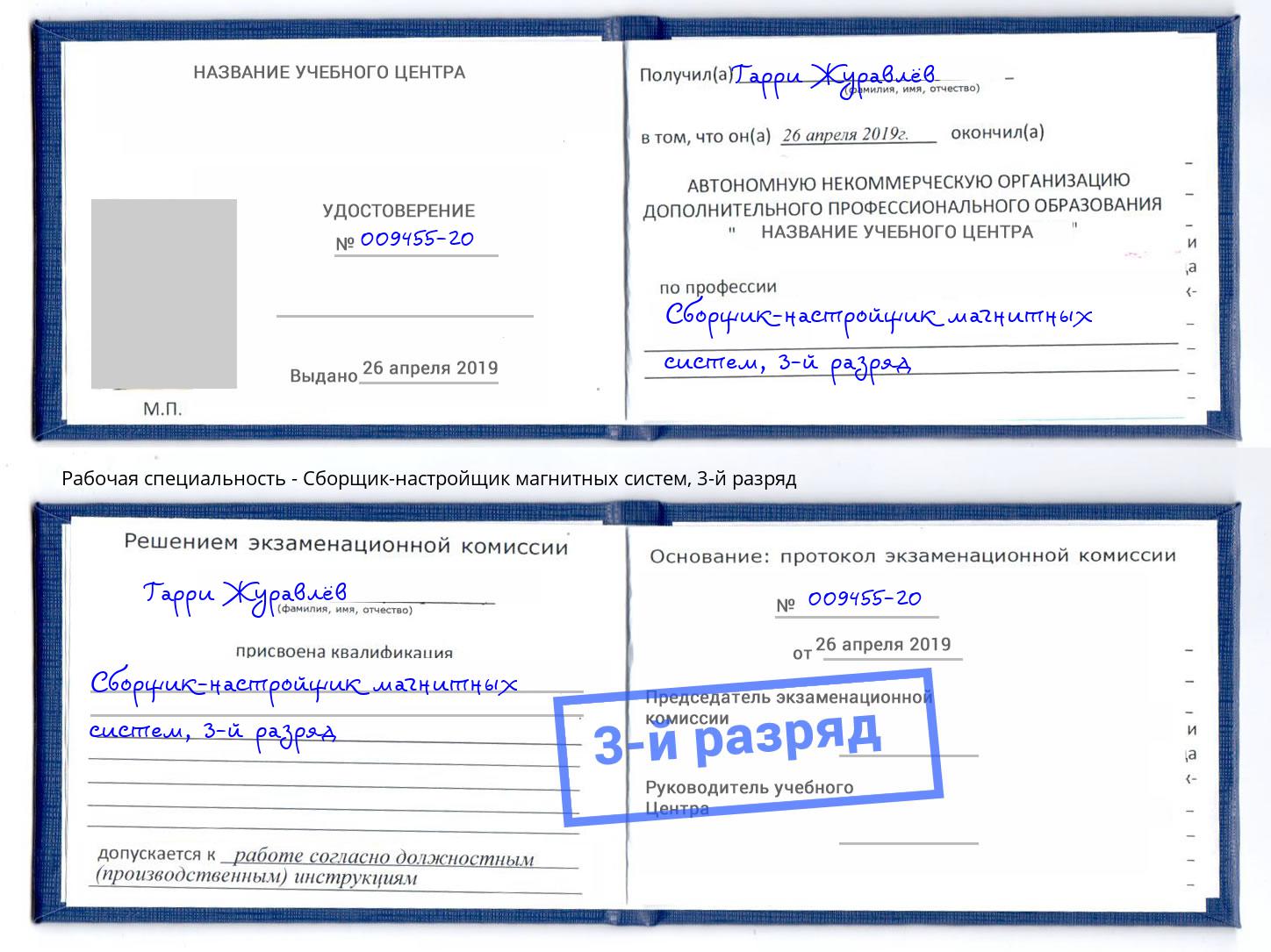 корочка 3-й разряд Сборщик-настройщик магнитных систем Славгород