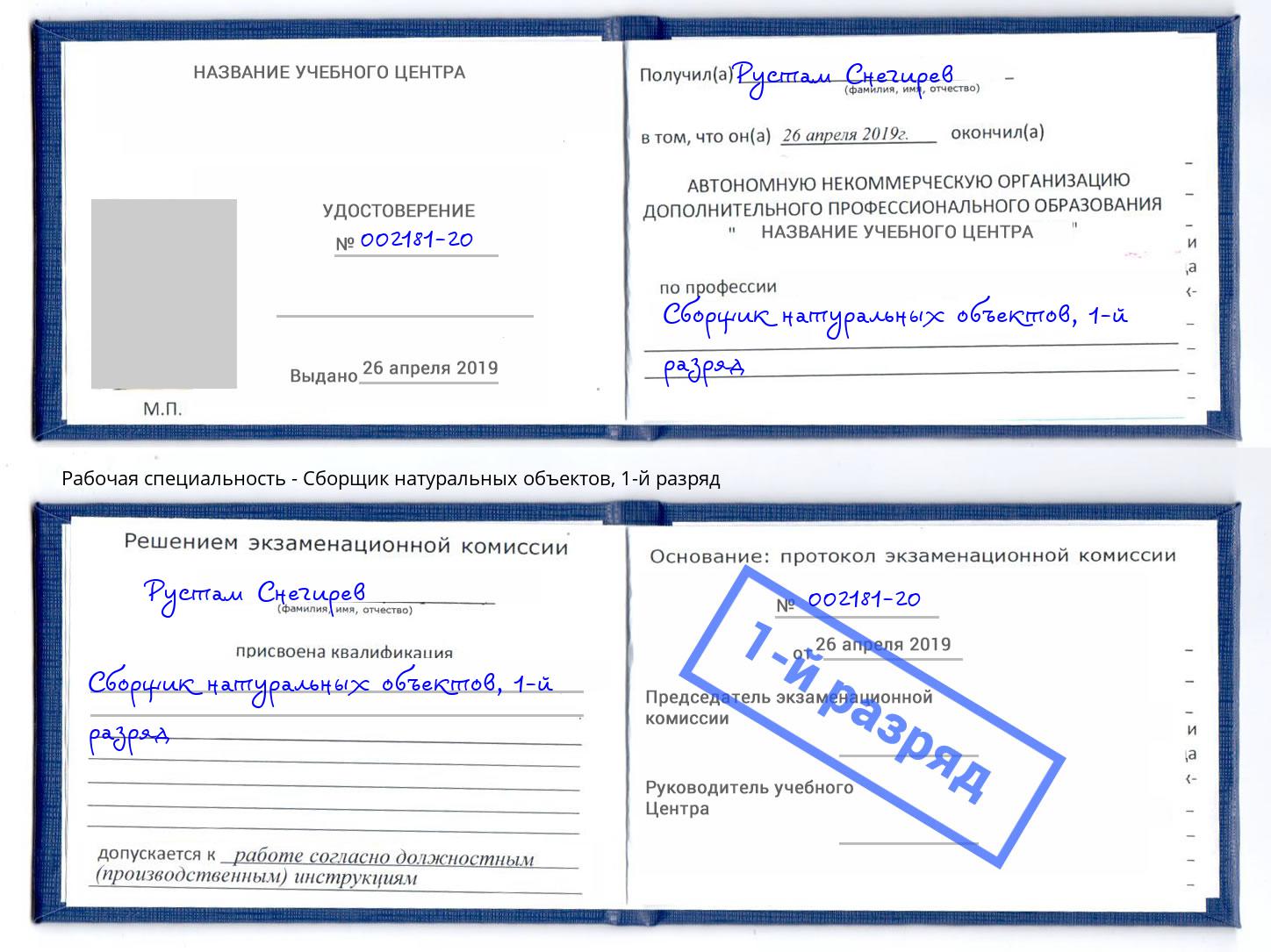 корочка 1-й разряд Сборщик натуральных объектов Славгород